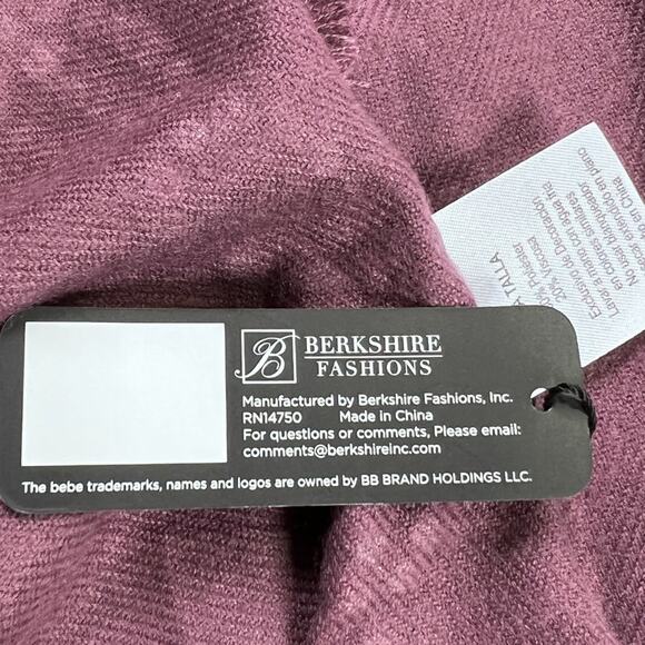 Bebe Cozy Soft Raw Edge Rhinestone Crystal Logo Scarf 68X20 Maroon Purple 68X20 - Picture 9 of 14